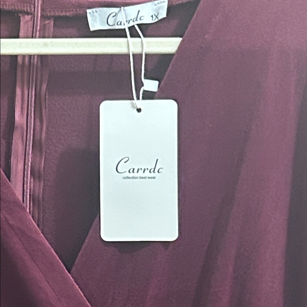 Carrdc Burgundy Velvet Wrap V-Neck‎ Midi Dress Long Sleeve Smocked Waist 1X NEW - Picture 4 of 8